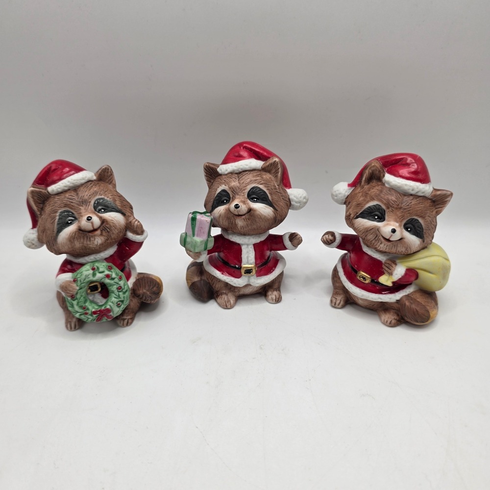 Homco Raccoon Figurine Set 3 Christmas Santa Suit Red Vintage 5611 Ceramic Decor